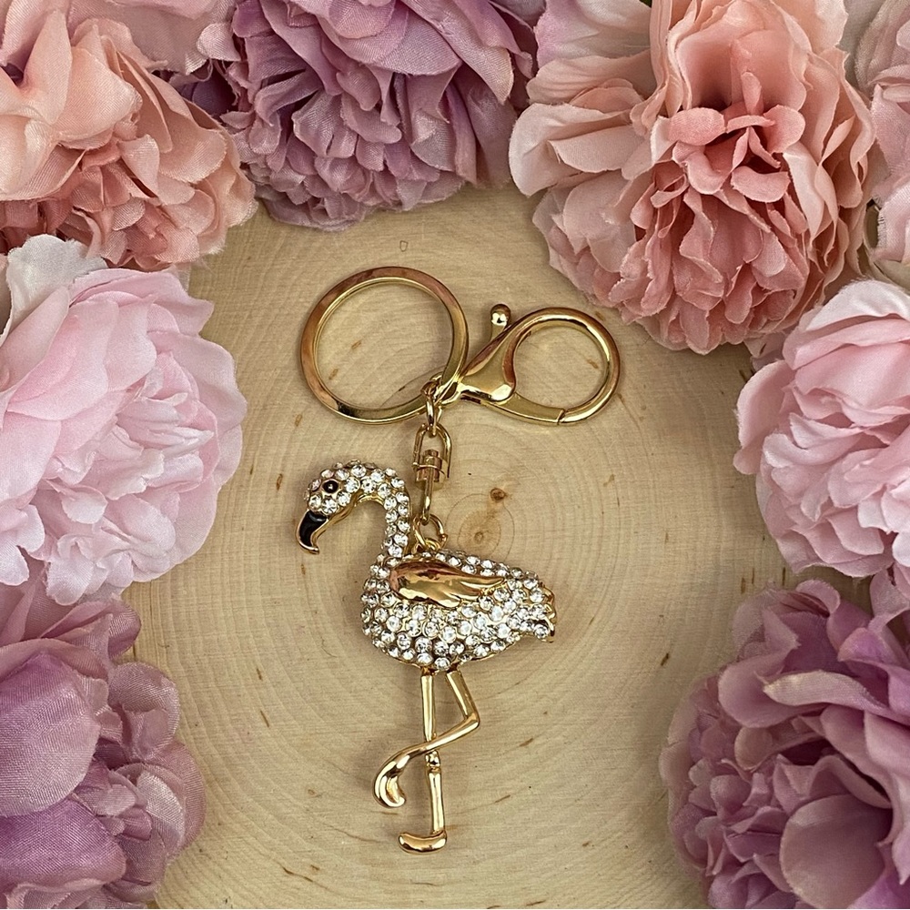 Whimsical Gold & Silver Crystal Flamingo Keychain Charm - Picture 4 of 14